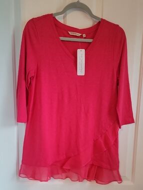 Soft Surroundings Hot Pink V‑Neck Ruffle Hem Long Sleeve Top New Nwt Xs X Small